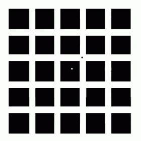 Иллюзия Германна-Геринга. Эффект физиологического нистагма. Если пристально смотреть черную точку, стараясь не отводить от нее глаза, то спустя примерно 30 секунд черные и белые части изображения начнут колебаться. Если перевести после этого взгляд на белую точку, то можно увидеть набор белых квадратов на черном фоне (т.е. последовательный образ), наложенный на настоящий рисунок. Этот последовательный образ будет все время смещаться по рисунку, как бы вы ни старались удержать его на месте. - Как матрица обманывает наше сознание №2