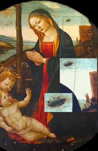 The Madonna with Saint Giovannino («Мадонна со святым Джованнино»). Картина Доменико Гирландая XV в.н.э. Картина находится в Palazzo Vecchio, Флоренция, и изображает мать Мэри Иисуса, смотрящею вниз, в то время как на заднем плане вы можете увидеть ясную картину того, как запечатлено НЛО и человек стоящий на выступе уставился на странный летящий объект в небе. - НЛО в древности (подтверждения и находки)