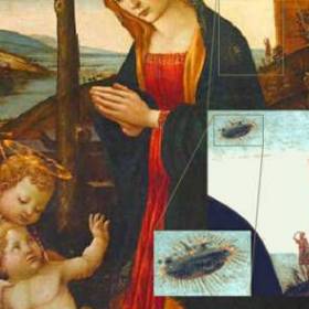The Madonna with Saint Giovannino («Мадонна со святым Джованнино»). Картина Доменико Гирландая XV в.н.э. Картина находится в Palazzo Vecchio, Флоренция, и изображает мать Мэри Иисуса, смотрящею вниз, в то время как на заднем плане вы можете увидеть ясную картину того, как запечатлено НЛО и человек стоящий на выступе уставился на странный летящий объект в небе. - НЛО в древности (подтверждения и находки)