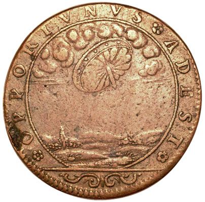 Монета 1656 НЛО на старинной французской монете. Этот странный французский жетон с 1680 года показывает то, что в небе летит НЛО и что более интригует так это надпись, переводящаяся в вольном переводе как «Это тут в подходящее время». - НЛО в древности (подтверждения и находки)