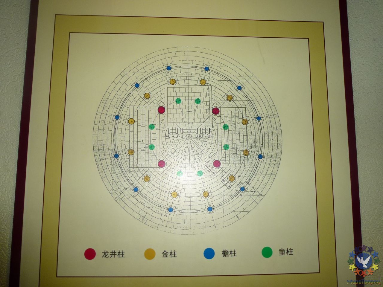 Расположение колонн внутри Зала Молитв. Четыре из них - самые большие - стоят в центре, символизируя четыре времени года. . Внутри Зала. Остальные 24 колонны образуют два круга по 12 штук в каждом. 12 столбов внутреннего кольца означают количество месяцев в году, а внешние двенадцать - количество единиц времени дня Шичэнь (Shichen). Шичэнь - единица времени в древнем Китае, равная двум часам. Вместе эти 24 колонны символизируют 24 солнечных периода года, связанных с сельским хозяйством. А в сумме с четырьмя центральными - 28 созвездий в небе. - Китай, Декабрь, 2011 часть 3.