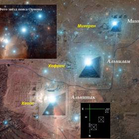 4. На этом слайде на фотографию пирамид в Гизе наложено фото звёздного неба района пояса Ориона. Мы видим, что совпадения просто уникальные. Жёлтым я подписал названия пирамид, а белым – звёзд из пояса Ориона. Более того, даже самая отдалённая от Гизы группа пирамид в Дашуре, при наложении на звёздную карту совпадает с основными звёздами звёздного скопления Гиад. На этом слайде Гиад нет, для этого нужен уже совсем другой масштаб - Сакральное ретро видео МТ-2002