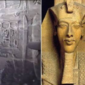 20. Гид рассказывает о картушах на стене. Картуш – это личная печать фараона. Изображается в виде овала, внутри которого, вписано имя фараона. На стене картуши полуразрушены, зато на стеле царицы Хатшепсут сохранились так, как будто вчера были сделаны - Сакральное ретро видео МТ-2002