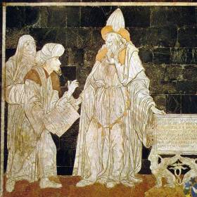 Гермес Меркурий Трисмегист, современник Моисея. Мозаика на полу кафедрального собора Сиены, 1480-е годы - Изумрудная Скрижаль. Как Вверху, так и Внизу