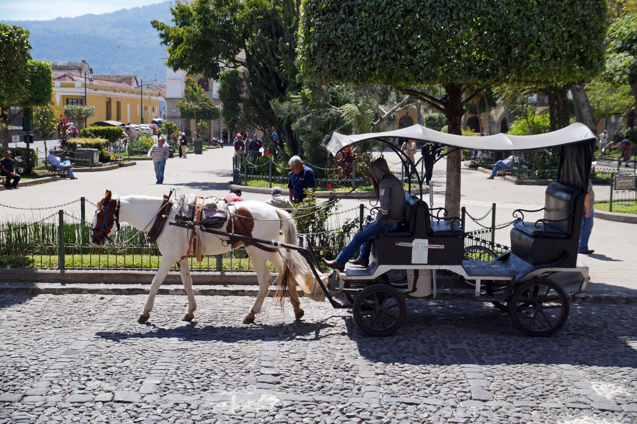 По городу запрещены тяжелые автобусы поэтому передвижение на тутк-туках или лошадях - Гватемала 2016. Колониальный Антигуа.