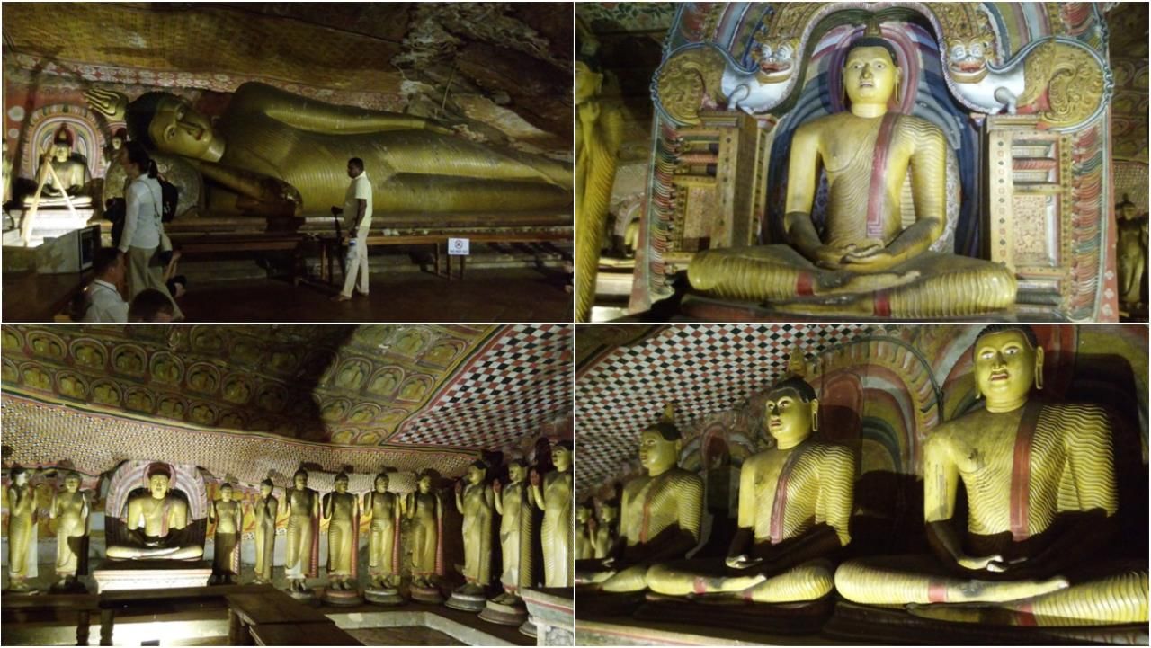 Практически все пространство вдоль левой (северо-западной) стены занимает огромная статуя лежащего Будды (Махапаринирвана Будды) длинной около 9 м. Прямо напротив входа располагается главный образ этого храма: фигура сидящего в позе медитации Будды за спиной которого расположена арка с макара-тораной, а справа и слева установлены две статуи стоящего Будды, представляющие собой реплики Авукана Будды. Большая часть потолка пещеры расписана мотивом тысячи Будд.   - 2017 ШРИ-ЛАНКА ДАМБУЛЛА – КАНДИ