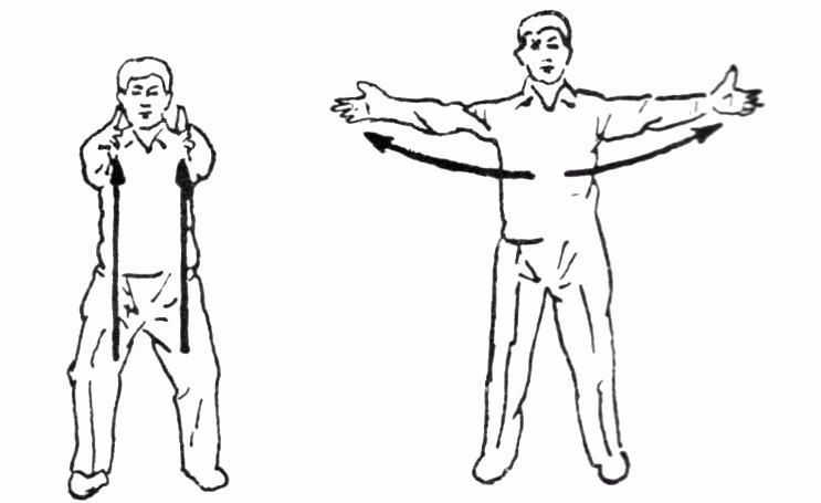 Упражнение 2. Расширение грудной клетки. На вдохе из положения четверть присед плавно выпрямите колени, одновременно поднимайте руки вперед до уровня плеч и поворачивайте их ладонями друг к другу и разведите их в стороны ладонями вверх. Внимание сосредоточено на грудной клетке.  На выдохе сведите  руки перед собой ладонями друг к другу, плавно опустите руки, одновременно поворачивая ладони вниз, переходя в четверть присед. Кисти рук плавно касаются коленей, ноги распрямляются.  Польза: упражнение полезно при заболеваниях сердца, легких, при одышке, при учащенном сердцебиении, при неврозах.   - Сними с Цигуна кафтан, а там русский Иван.